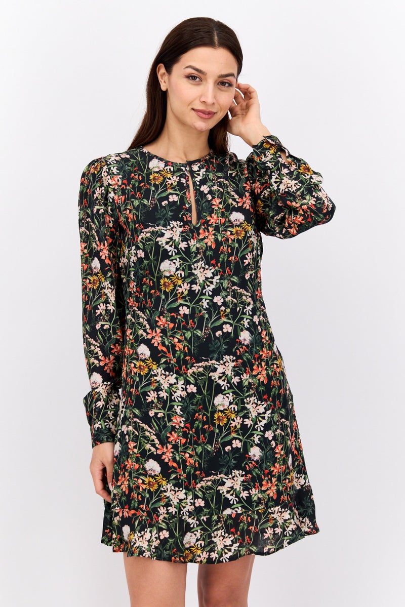 Scotch & Soda فستان ميني مزخرف بالورود للنساء، أسود - Image 1