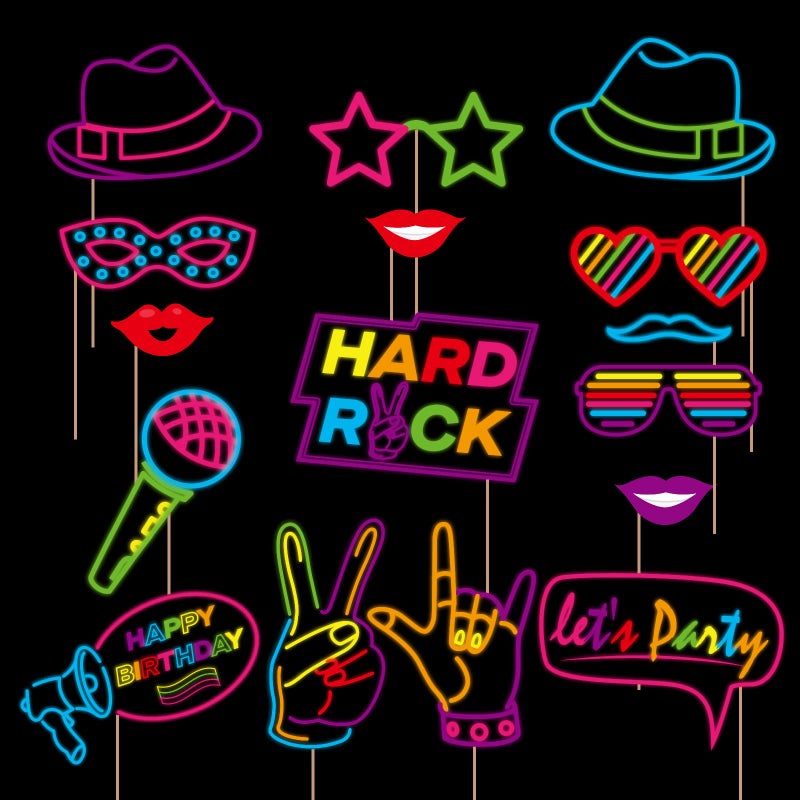 16 Pcs Glow Neon Photo Booth Props with Stick Fluorescent Neon Party Supplies for Birthday Disco Black Light Party