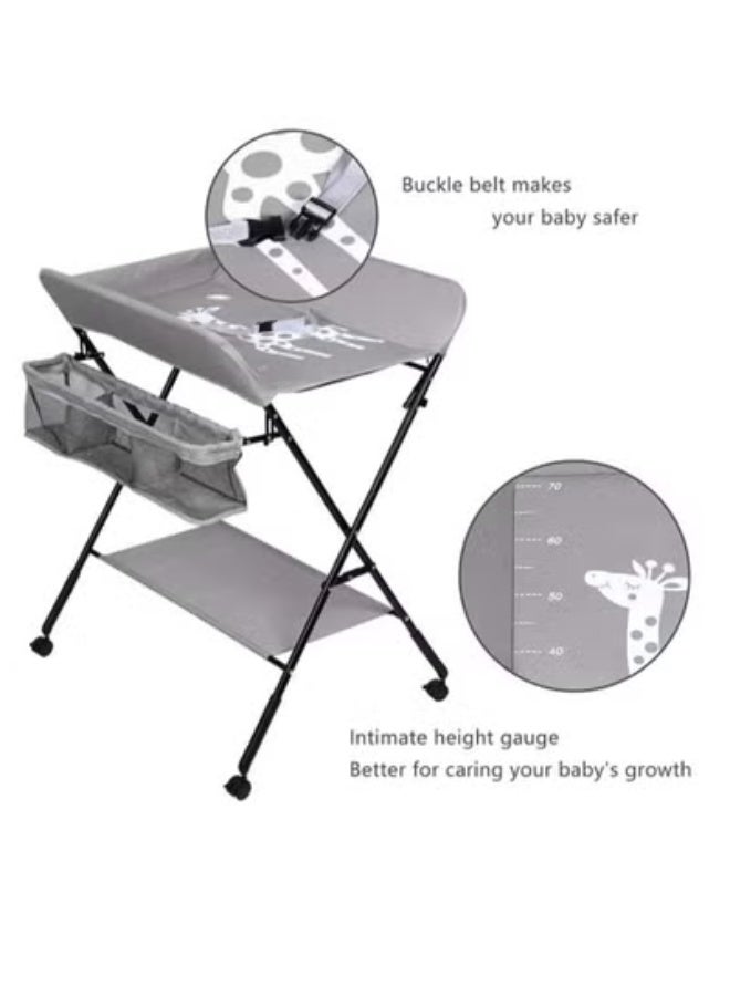 XiuWoo Mobile Baby Changing Table - Portable Foldable Station with Wheels, Adjustable Height & Safety Belt - Includes Storage Racks and Organizer Bags - Image 2