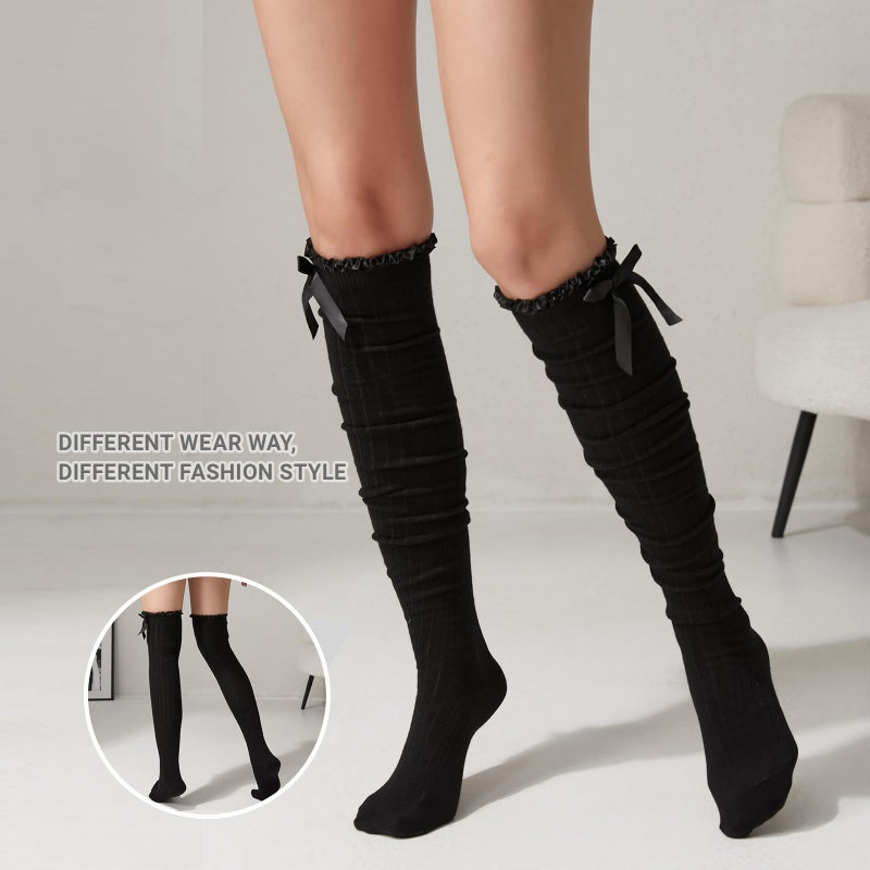 TOCONFFON Women's Girls Thigh High Stockings Over the Knee Socks with Satin Bows(Black,One Size) - Image 5