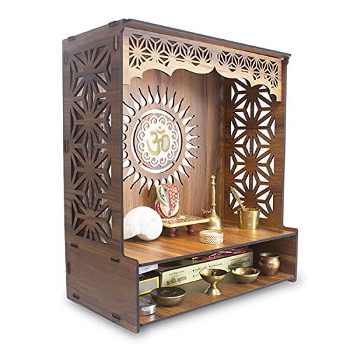 Heartily® Shree Beautiful Wooden Pooja Stand for Home Mandir for Home Temple for Home and Office Puja Mandir for Home and Office Wall with LED Spot Light Product (H- 18, L- 16, W-8.75 Inch) - Image 1