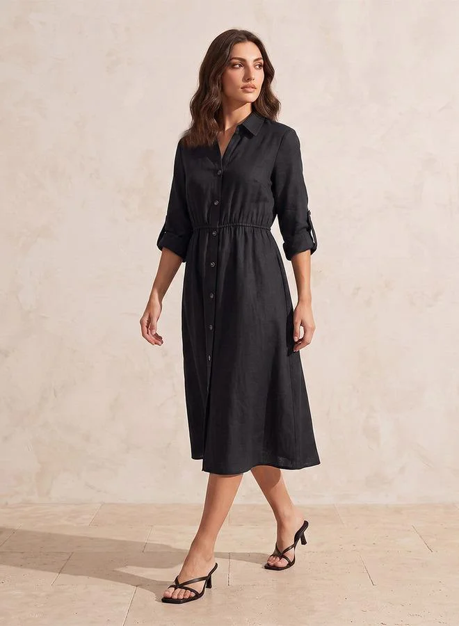 Splash FAV Fav Linen Midi Shirt Dress with Roll-Up Sleeves