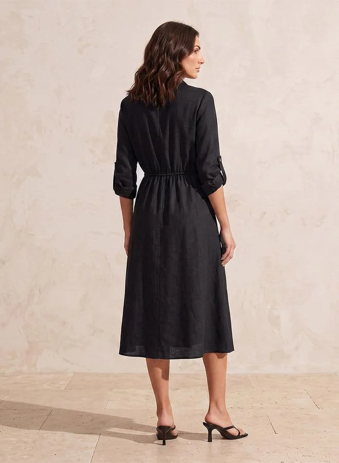Splash FAV Fav Linen Midi Shirt Dress with Roll-Up Sleeves