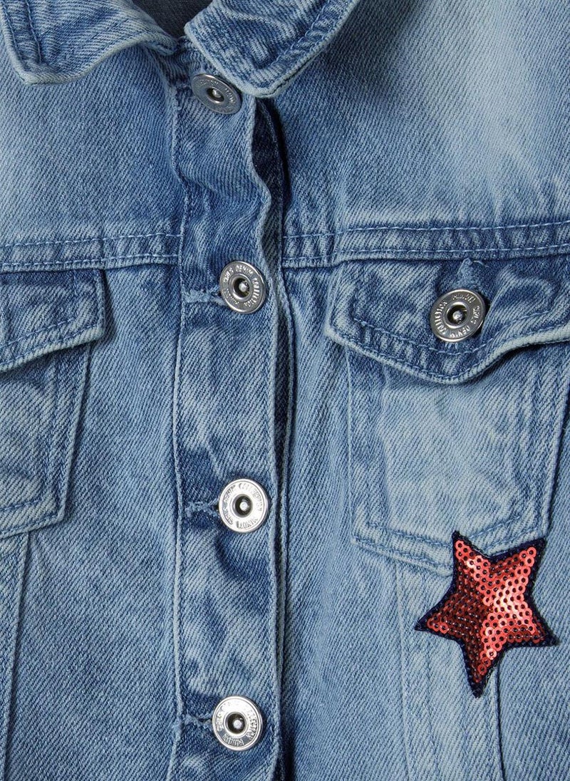 MINOTI Kids Girls Denim Jacket with Star Patch and Pockets  - Image 4