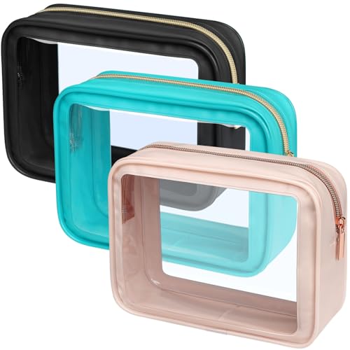 PACKISM TSA Approved Toiletry Bag - 3 Pack Upgrade Color-Edged Clear Makeup Bag, Clear Toiletry Bag For Traveling Fits Various Storage Needs, Black/Pink/Turquoise - Image 1