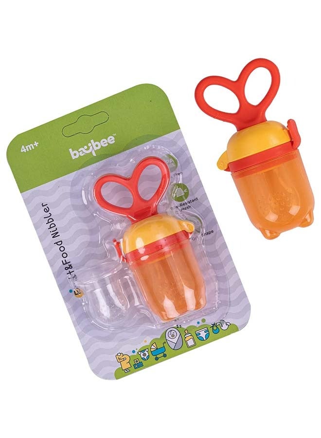 BAYBEE Silicone Fruit Feeder For Baby Infant With Pacifier Nibbler For Baby Food Grade Baby Teether Training Massaging Teething Toy Fresh Food Fruit Feeder Pacifier For Baby Infant 4+ Months Orange - Image 1