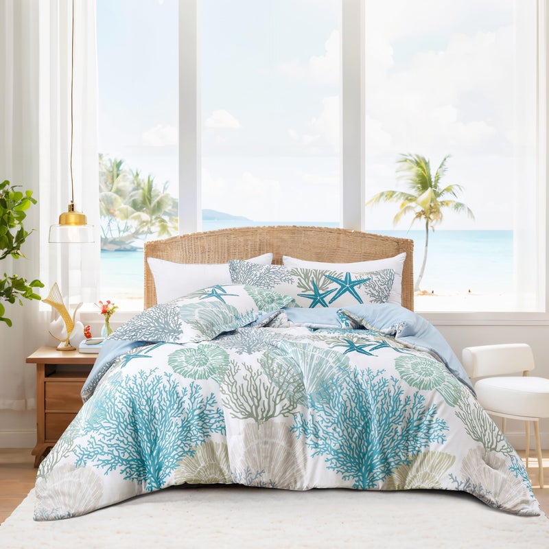Tritard Coastal Comforter Set Full Size 3 Piece Soft Beach Themed Comforter Ocean Nautical Lightweight Bedding Sets for All Seasons 1 Reversible Comforter and 2 Pillow Shams 80x90 C1