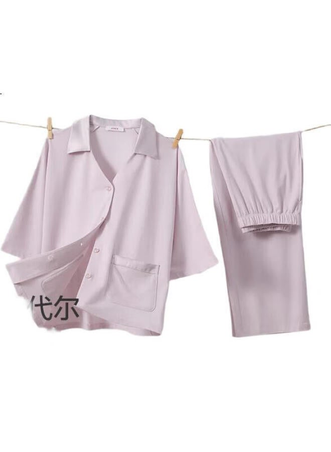 AIMER Spring/Summer Short Sleeve Eight-Point Pants Set Pajamas Home Wear Simple And Comfortable Purple-M - Image 3