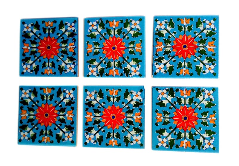 SHIV KRIPA Blue Pottery Floral Handmade Tabletop Interior Exterior Flooring Wall Kitchen Washroom Tile Decorative Mosaic Tiles 4 x 4 Inch Set of 6 Tiles Multi