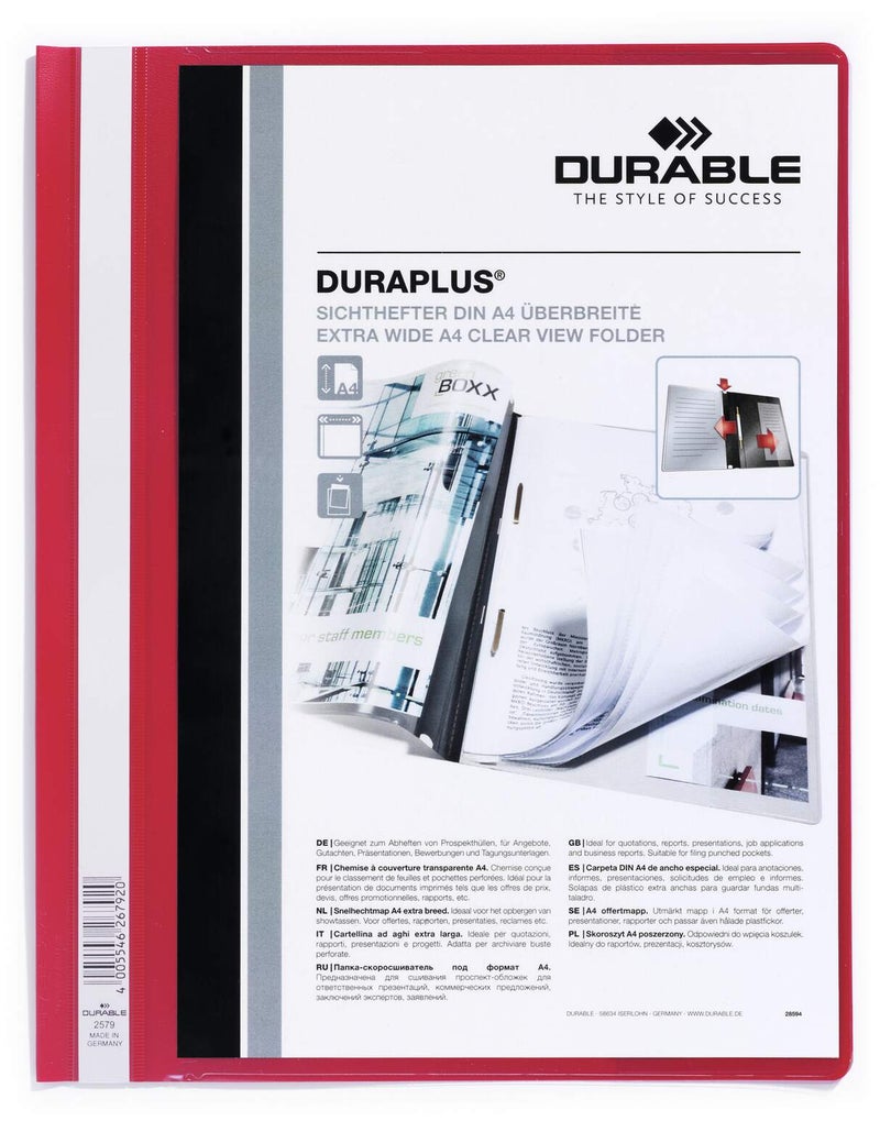 ديورابل مجلد ملفات DURAPLUS® مقاس A4+ | غطاء أمامي شفاف وغطاء خلفي ملون، آلية تدبيس ذهبية، شريط تسمية جانبي وجيب داخلي لحفظ المستندات، مجلد ملفات منظم للمكاتب والمدرسة — ديوريبل - Image 1