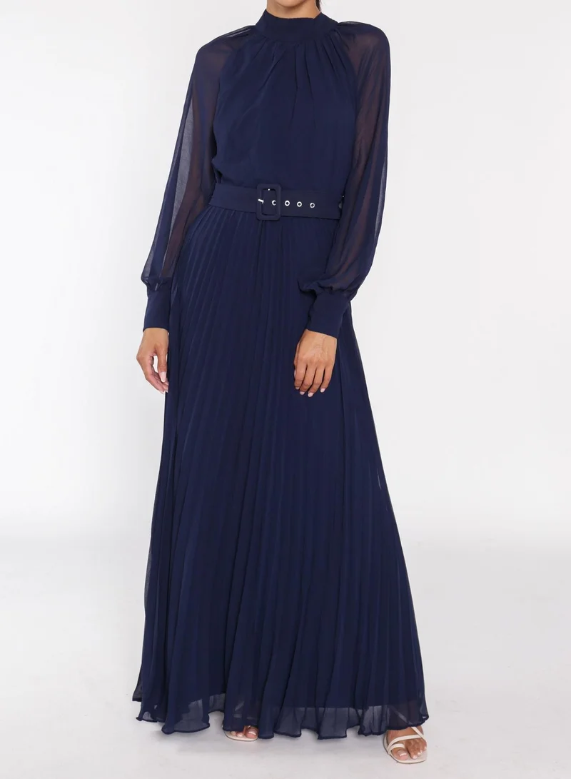 ترو ديكادينس Mabel Navy Belted Pleated Long-Sleeve Maxi-Dress