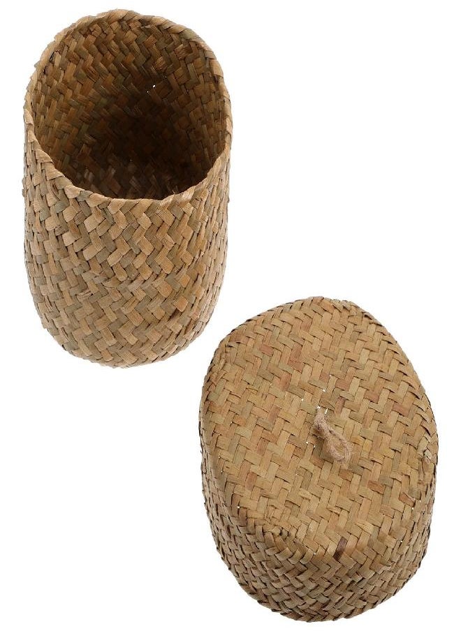 DOITOOL - DOITOOL Mini Round Seagrass Basket with Lid, Hand Woven Basket for Gifts Empty Decorative Wicker Storage Basket with Lids for Organizing, Tabletop Decorative Flower Storage Basket ( Beige, 12x9cm ) - Image 1