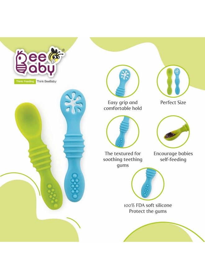 Beebaby Smushy First Stage Silicone Spoon For Feeding Baby Dip Spoon For Baby Led Weaning. 100% Bpa Free. 6 Months + Pack Of 2 (Blue_Green) - Image 3