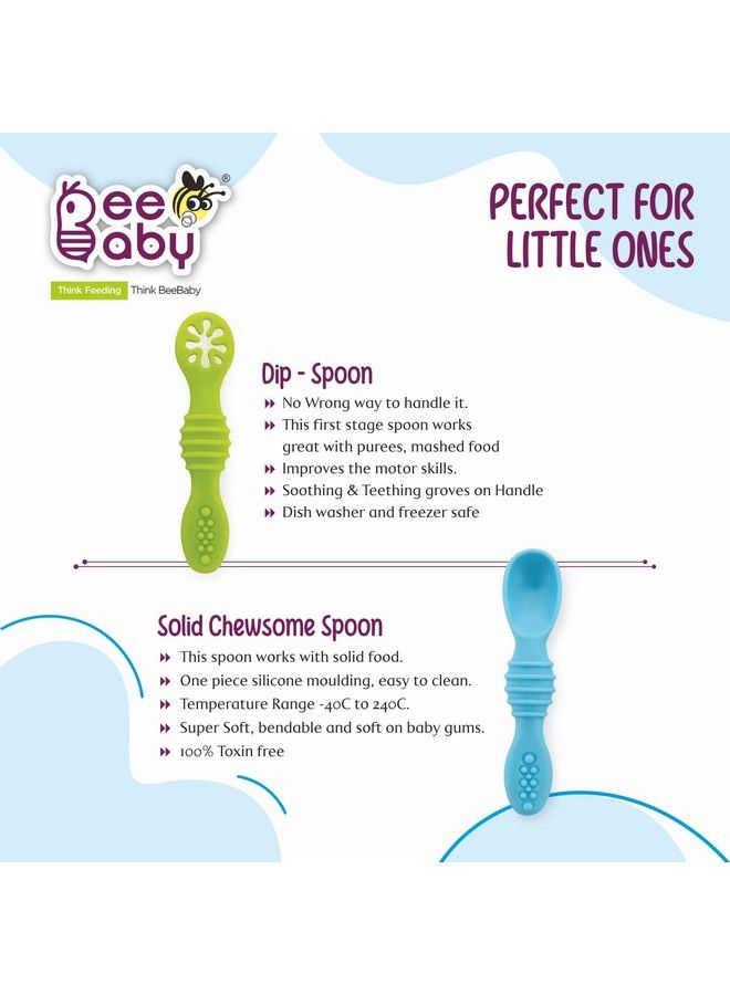 Beebaby Smushy First Stage Silicone Spoon For Feeding Baby Dip Spoon For Baby Led Weaning. 100% Bpa Free. 6 Months + Pack Of 2 (Blue_Green) - Image 5