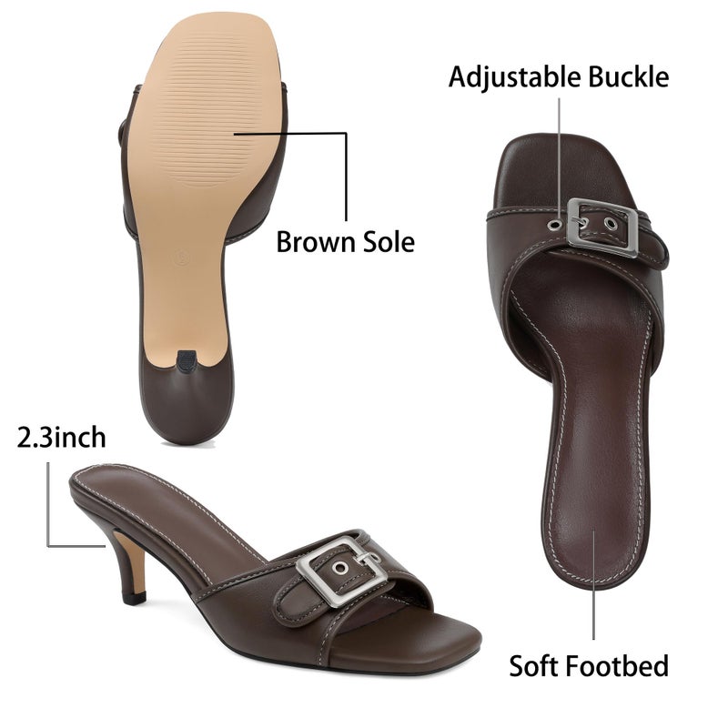 Lovee Cosee Brown Kitten Heels for Women Square Open Toe Low Heel Mule Heels for Women Slip On Buckle Strap Heeled Sandals Summer Comfortable Size 7 - Image 4