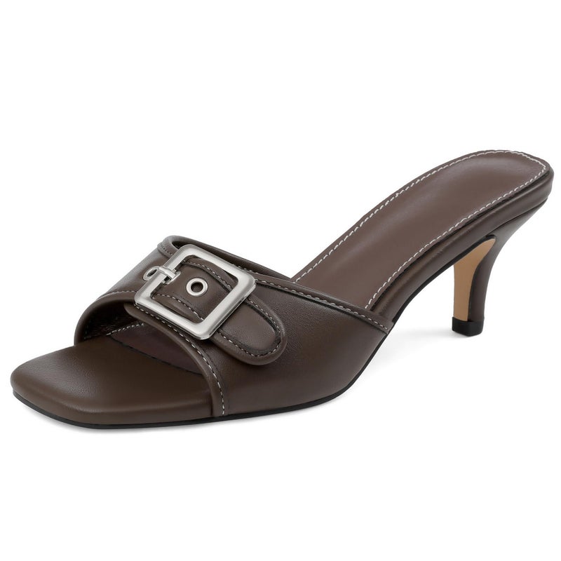 Lovee Cosee Brown Kitten Heels for Women Square Open Toe Low Heel Mule Heels for Women Slip On Buckle Strap Heeled Sandals Summer Comfortable Size 7 - Image 1