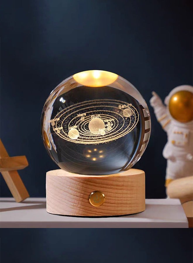 Arabest Rechargeable 3D Crystal Ball Night Light LED Light with Wooden Base Glass Ball Decorative Night Light, Touch to Turn on LED Light Decorative Light Gift Home Desktop Decor Solar System - Image 1