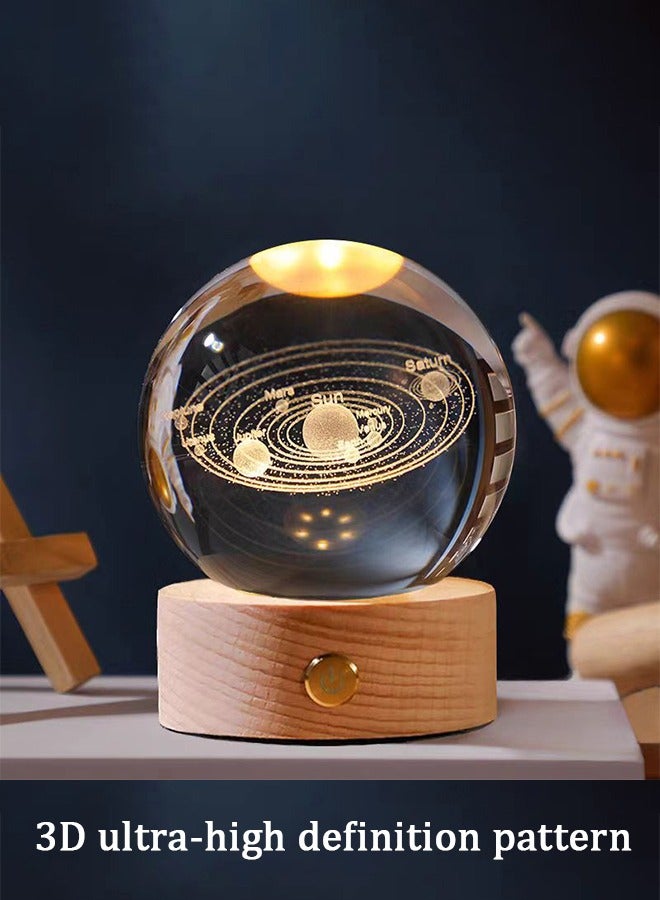 Arabest Rechargeable 3D Crystal Ball Night Light LED Light with Wooden Base Glass Ball Decorative Night Light, Touch to Turn on LED Light Decorative Light Gift Home Desktop Decor Solar System - Image 2