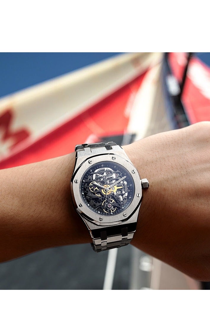 FM019 Men's Automatic Skeleton Watch – 42mm Stainless Steel Case, Sapphire Glass, Luminous Hands, 30M Water Resistant