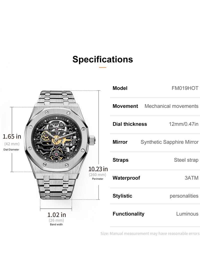 FEICE Men's Automatic Skeleton Mechanical Watch, Stainless Steel Case and Bracelet, Transparent Dial – Modern Luxury Design - Image 4