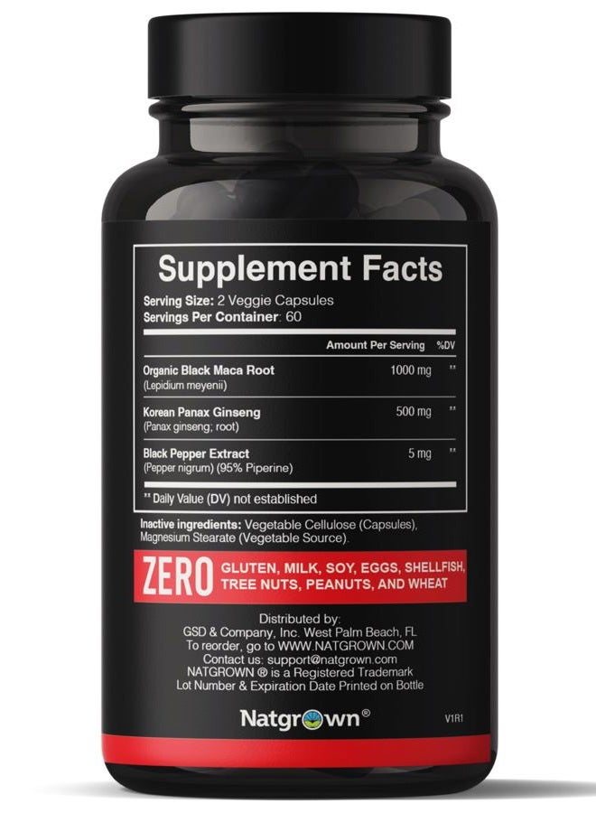Natgrown Black Maca Root + Panax Ginseng Powder Capsules 1500 mg with Black Peruvian Maca Root & Korean Panax Ginseng Supplement for Men and Women - Vegan Pills (120 Count) - Image 2