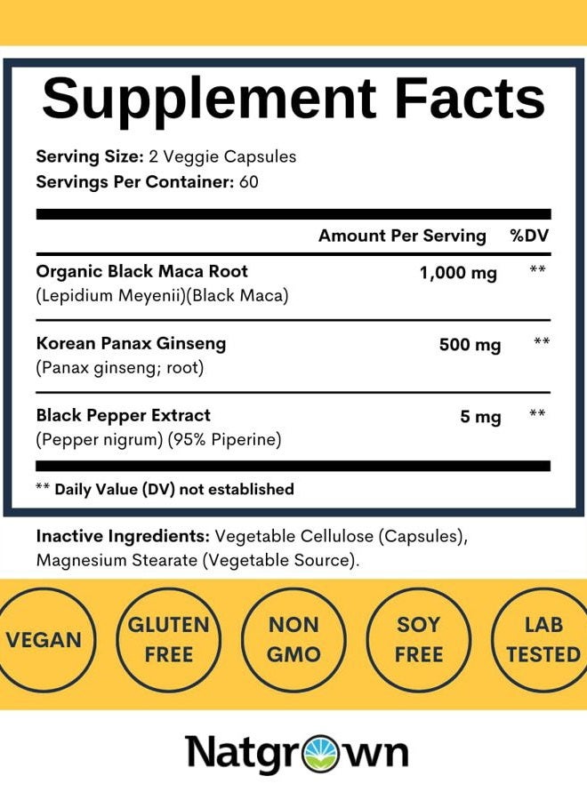 Natgrown Black Maca Root + Panax Ginseng Powder Capsules 1500 mg with Black Peruvian Maca Root & Korean Panax Ginseng Supplement for Men and Women - Vegan Pills (120 Count) - Image 4