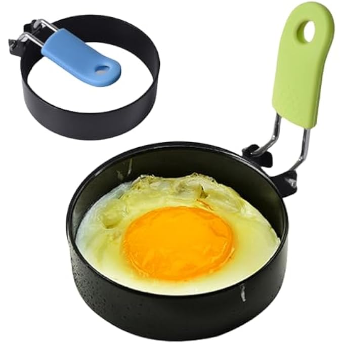 DILUSILK Egg Ring 2Pack Stainless Steel Egg Rings With AntiScald Folding Handle Non Stick Coating Suitable For Egg FryingShapingPancakesMini Burger Blue Green - Image 2
