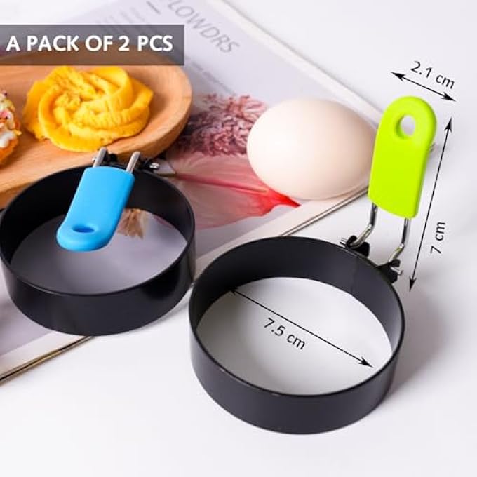 DILUSILK Egg Ring 2Pack Stainless Steel Egg Rings With AntiScald Folding Handle Non Stick Coating Suitable For Egg FryingShapingPancakesMini Burger Blue Green - Image 5