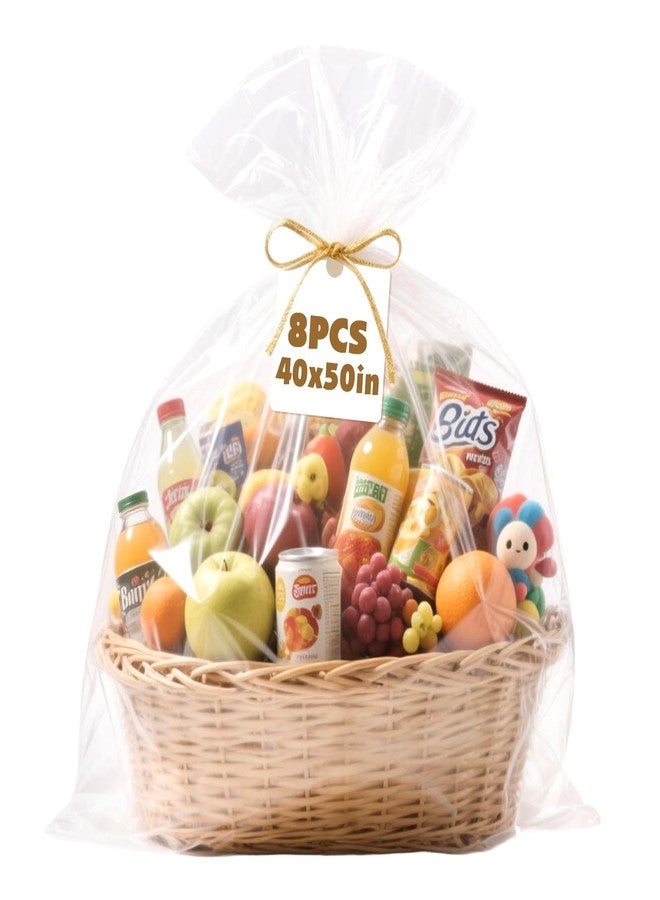 NUITPY 8 Pcs Large Cellophane Bags, 40 x 50 Inchs Cellophane Wrap for Gift Baskets, Durable Plastic Gift Bag, Clear Basket Bag - Complimentary 8 Pcs Golden Twist Ties - Image 1