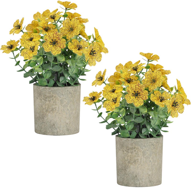 FAVOWREATH 2 Pack Small Fake Plants Potted Artificial Plants Artificial Flowers Potted Faux Flower Daisy with Eucalyptus Leaves for Home Decor Office Room Farmhouse Indoor Table Bathroom Decorï¼ˆYellowï¼‰ - Image 1