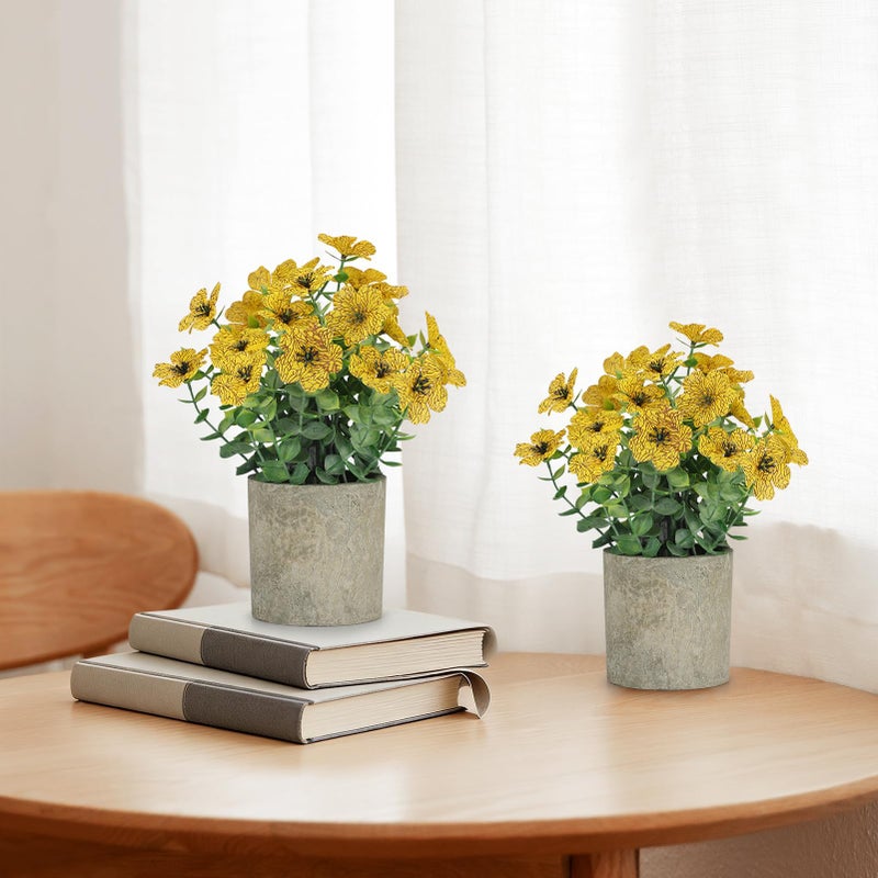 FAVOWREATH 2 Pack Small Fake Plants Potted Artificial Plants Artificial Flowers Potted Faux Flower Daisy with Eucalyptus Leaves for Home Decor Office Room Farmhouse Indoor Table Bathroom Decorï¼ˆYellowï¼‰ - Image 3