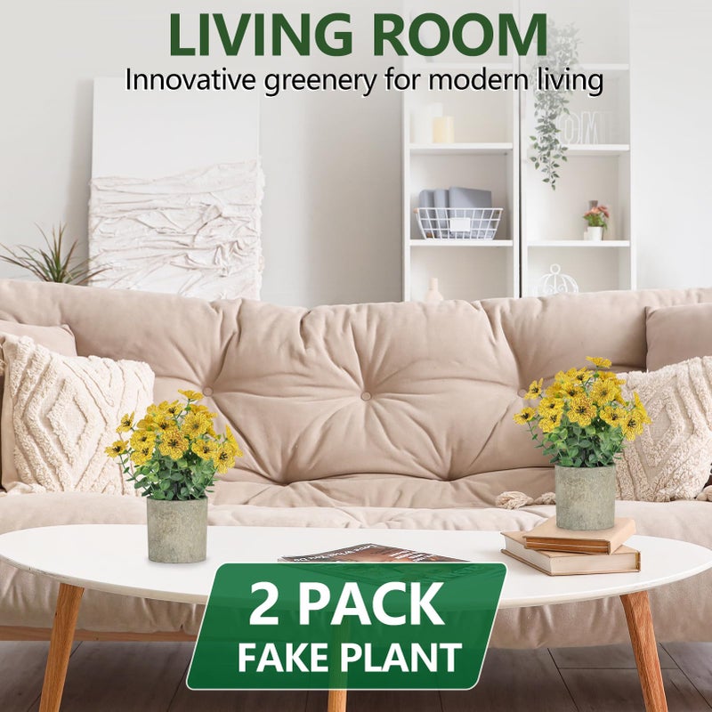 FAVOWREATH 2 Pack Small Fake Plants Potted Artificial Plants Artificial Flowers Potted Faux Flower Daisy with Eucalyptus Leaves for Home Decor Office Room Farmhouse Indoor Table Bathroom Decorï¼ˆYellowï¼‰ - Image 5