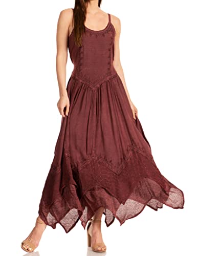 Sakkas Rayon Embroidered Stonewashed Adjustable Spaghetti Straps Long Dress - Chocolate - 1X/2X - Image 1