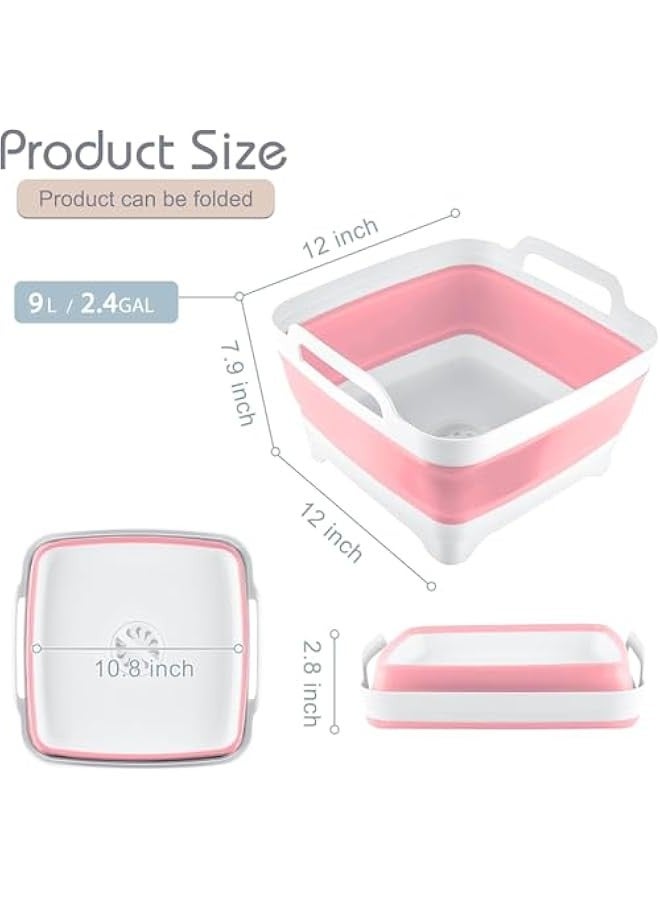 تراسل حوض أطباق سعة 9 لتر (2.4 جالون) قابل للطي مع مقابض حمل سدادة تصريف، حوض تخزين صينية تخزين أطباق المطبخ الموفرة للمساحة، حوض أطباق محمول للتخييم - Image 2