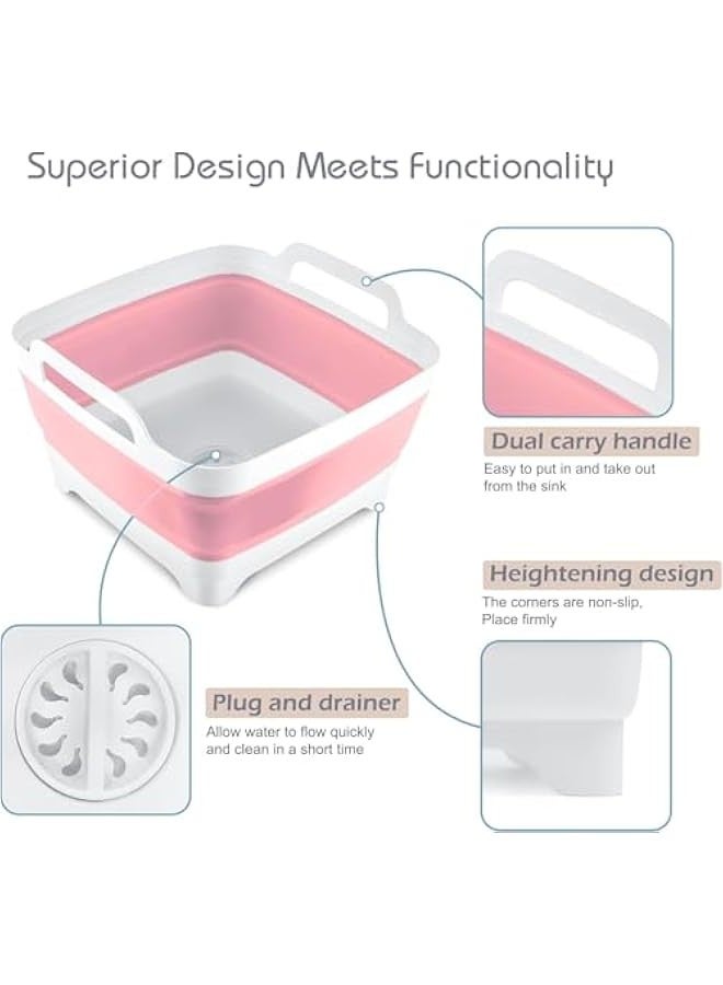 تراسل حوض أطباق سعة 9 لتر (2.4 جالون) قابل للطي مع مقابض حمل سدادة تصريف، حوض تخزين صينية تخزين أطباق المطبخ الموفرة للمساحة، حوض أطباق محمول للتخييم - Image 3