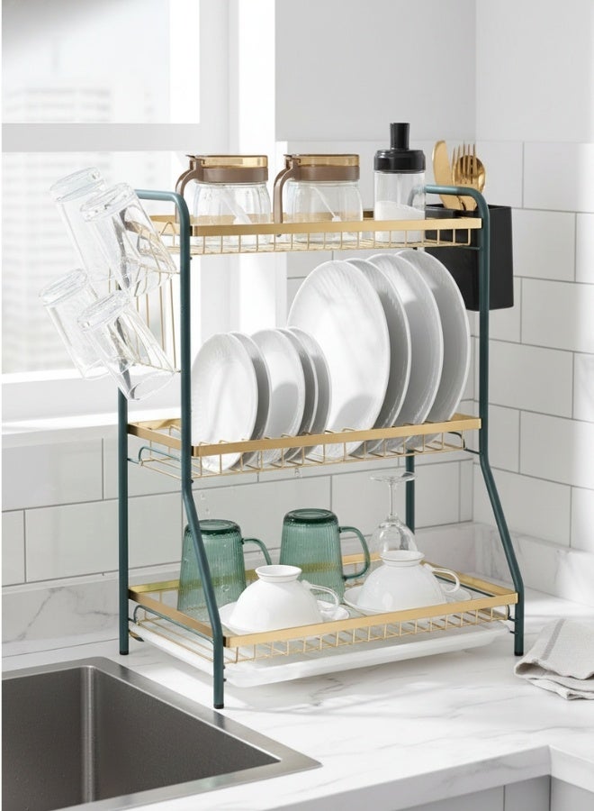 3-Tier Metal Dish Drying Rack – Kitchen Plate Organizer with Cup Holder, Utensil Tray, and Drip Tray – Rust-Resistant, Sturdy, and Elegant Multi-Level Countertop Storage Solution for Plates, Cups, Bowls, Jars, Spoons, and Knives - Image 2