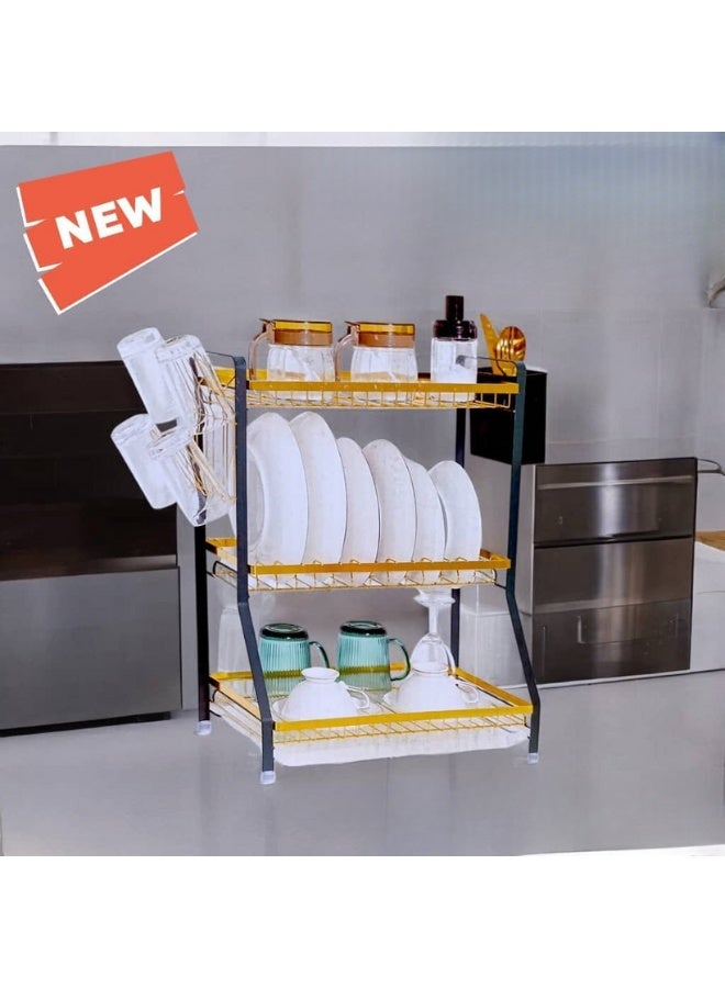 3-Tier Metal Dish Drying Rack – Kitchen Plate Organizer with Cup Holder, Utensil Tray, and Drip Tray – Rust-Resistant, Sturdy, and Elegant Multi-Level Countertop Storage Solution for Plates, Cups, Bowls, Jars, Spoons, and Knives - Image 3