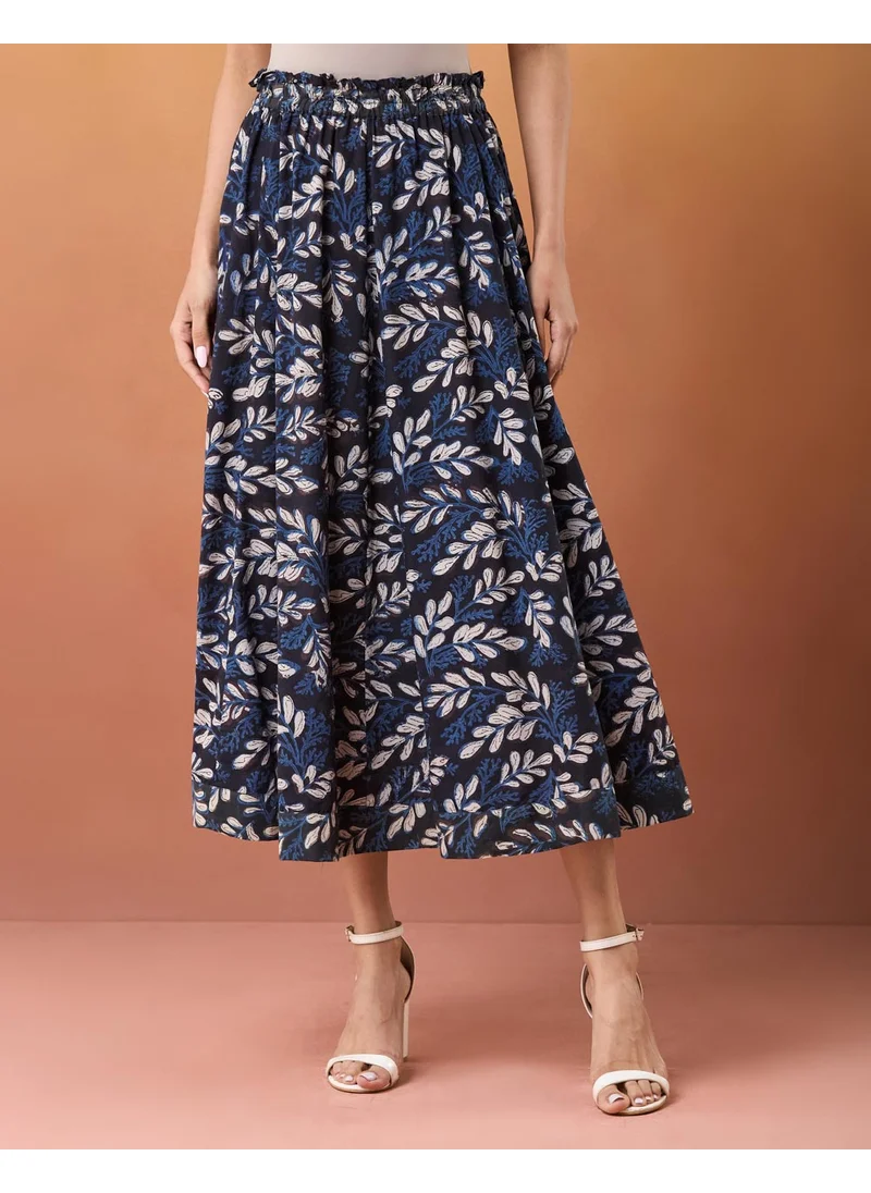 فاب انديا Blue Cotton Bagru Printed Skirt Maxi