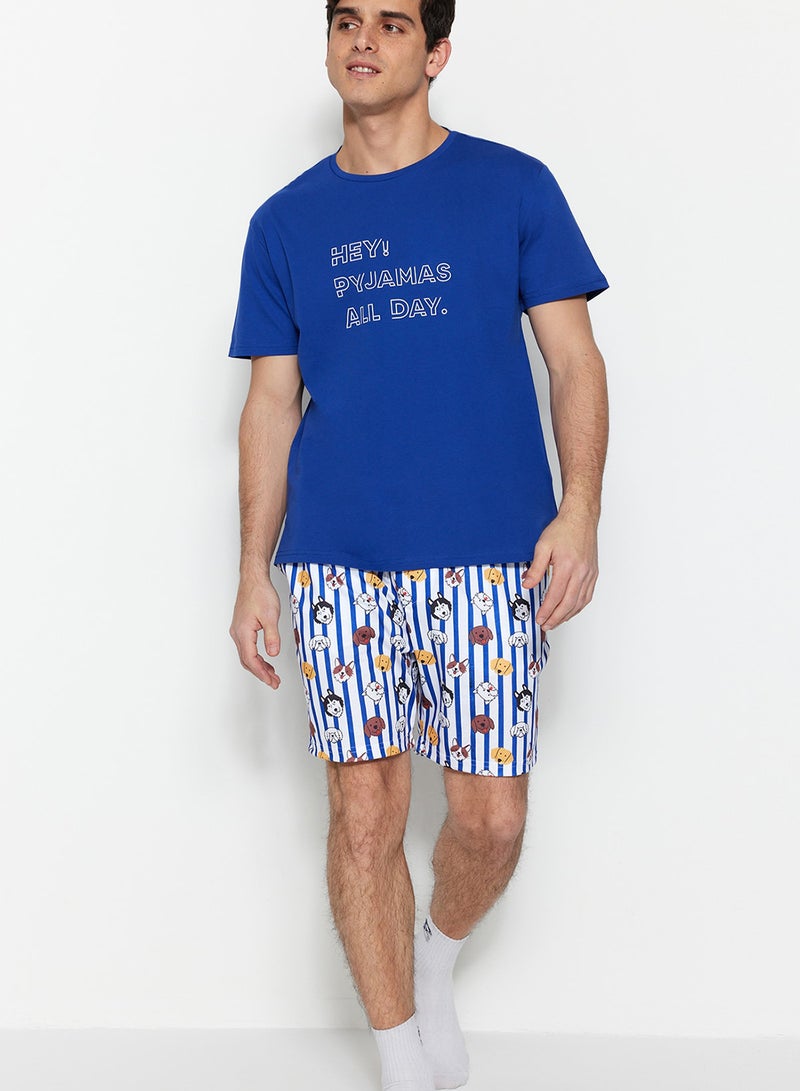 trendyol Dark Blue Unisex Regular Fit Printed Shorts Pajamas Set TMNSS23PT00000 - Image 1