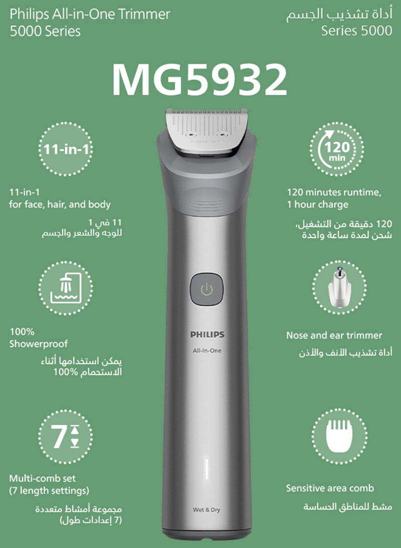 Philips All-in-One Trimmer MG5932/15 | 11-in-1 Face, Hair & Body Grooming | Self-Sharpening Blades | 120min Cordless | Showerproof | USB-A Charging | Pouch Included Light Grey - Image 2