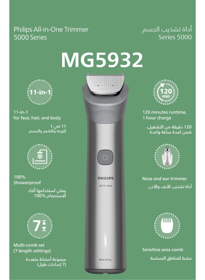 Philips All-in-One Trimmer MG5932/15 | 11-in-1 Face, Hair & Body Grooming | Self-Sharpening Blades | 120min Cordless | Showerproof | USB-A Charging | Pouch Included Light Grey - Image 2