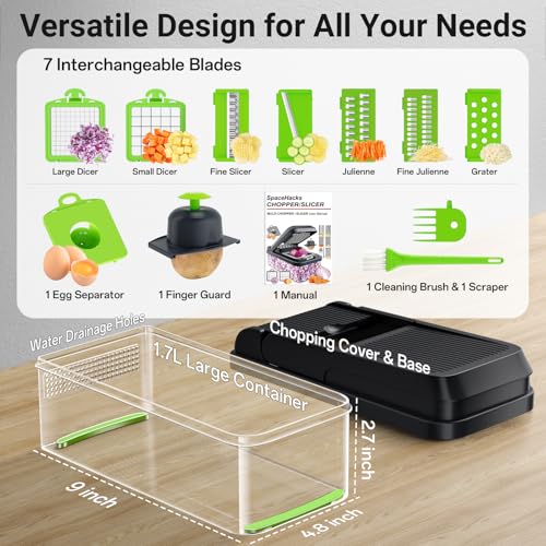 SpaceHacks 12in1 Vegetable Chopper Kitchen Gadgets with 7 Blades Veggie Food Onion Chopper Cucumber Slicer Versatile Mandoline Includes Egg Separator Finger Guard Green - Image 3