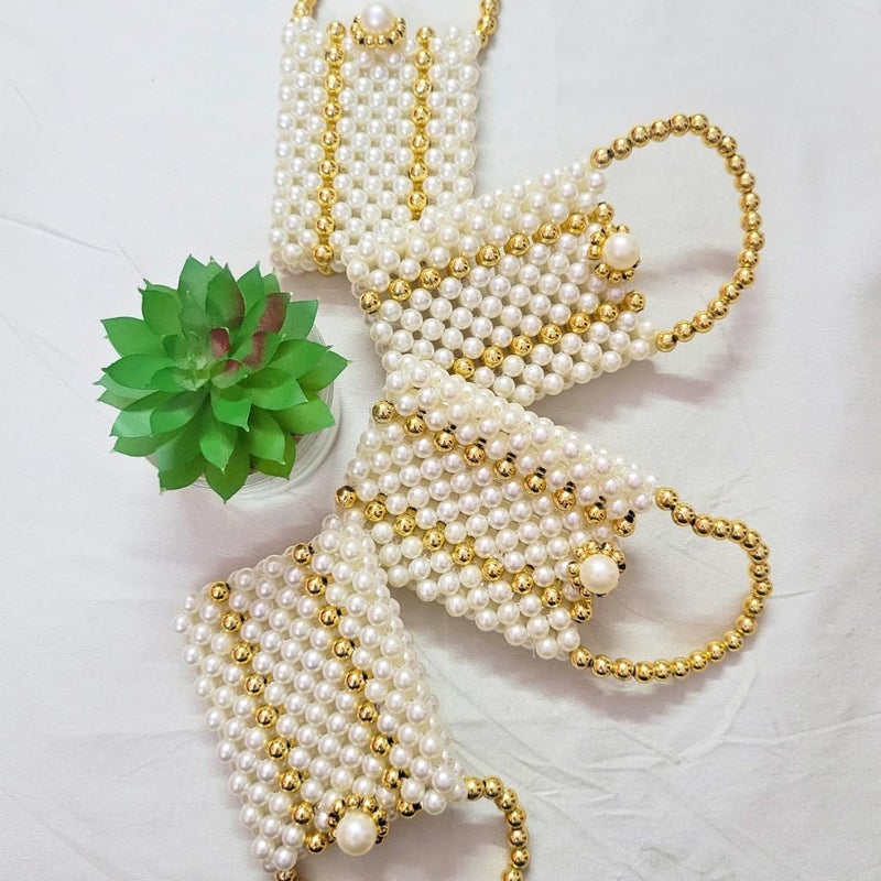 حقائب هدايا زفاف ميني لؤلؤ - مجموعة من 4 | حقائب هدايا أنيقة للنقود الذهبية والفضية، المال، رولي، تشاوال أو كيسار (خطوط ذهبية) - Image 1