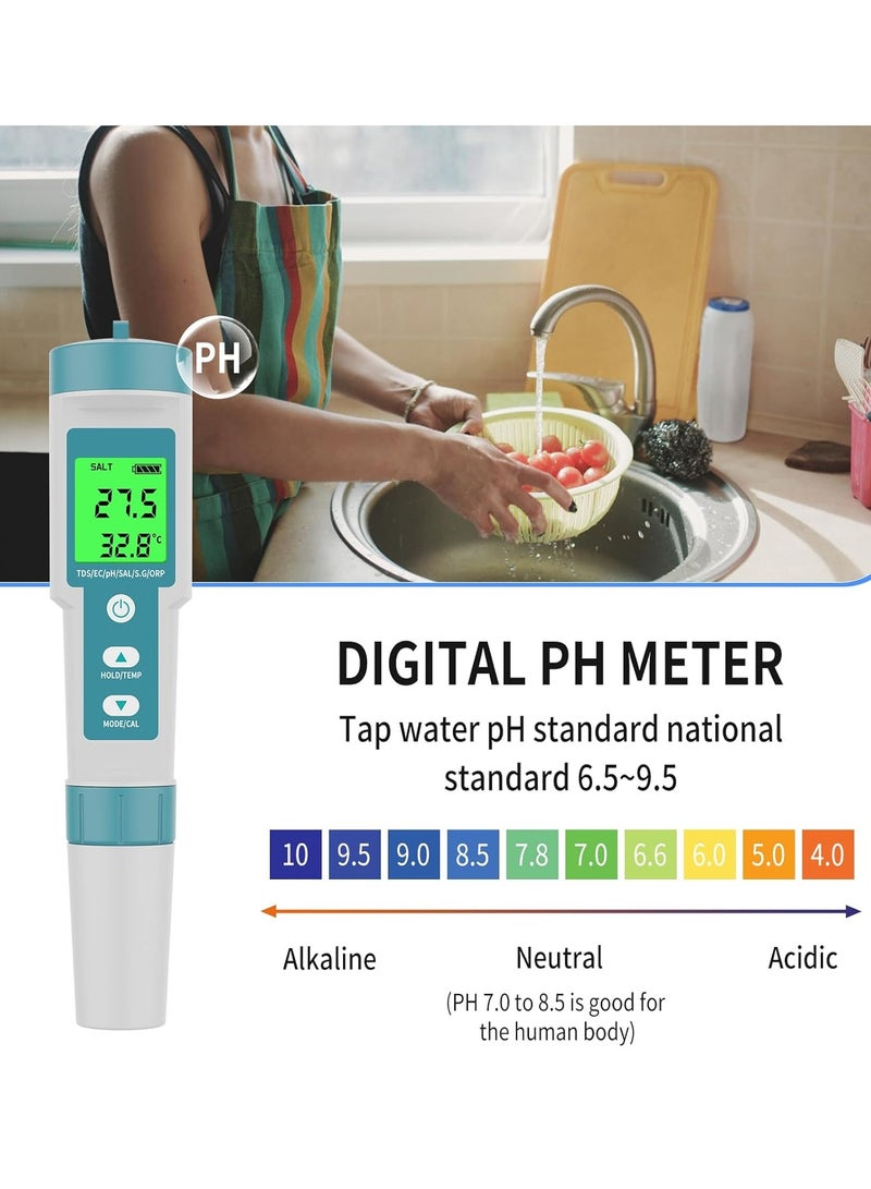 8 in 1 (PH TDS EC Salinity ORP H2 S.G and Temperature) Digital Water Quality Tester Pool Salt Tester PH Meter for Water with LCD Backlit Testing Kits for Swimming Pool,Saltwater, Sea Water - Image 4