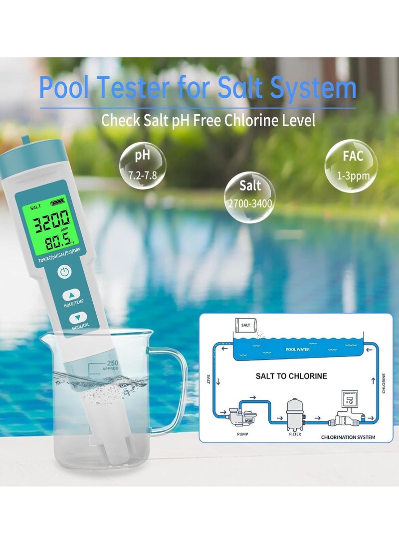 8 in 1 (PH TDS EC Salinity ORP H2 S.G and Temperature) Digital Water Quality Tester Pool Salt Tester PH Meter for Water with LCD Backlit Testing Kits for Swimming Pool,Saltwater, Sea Water - Image 5