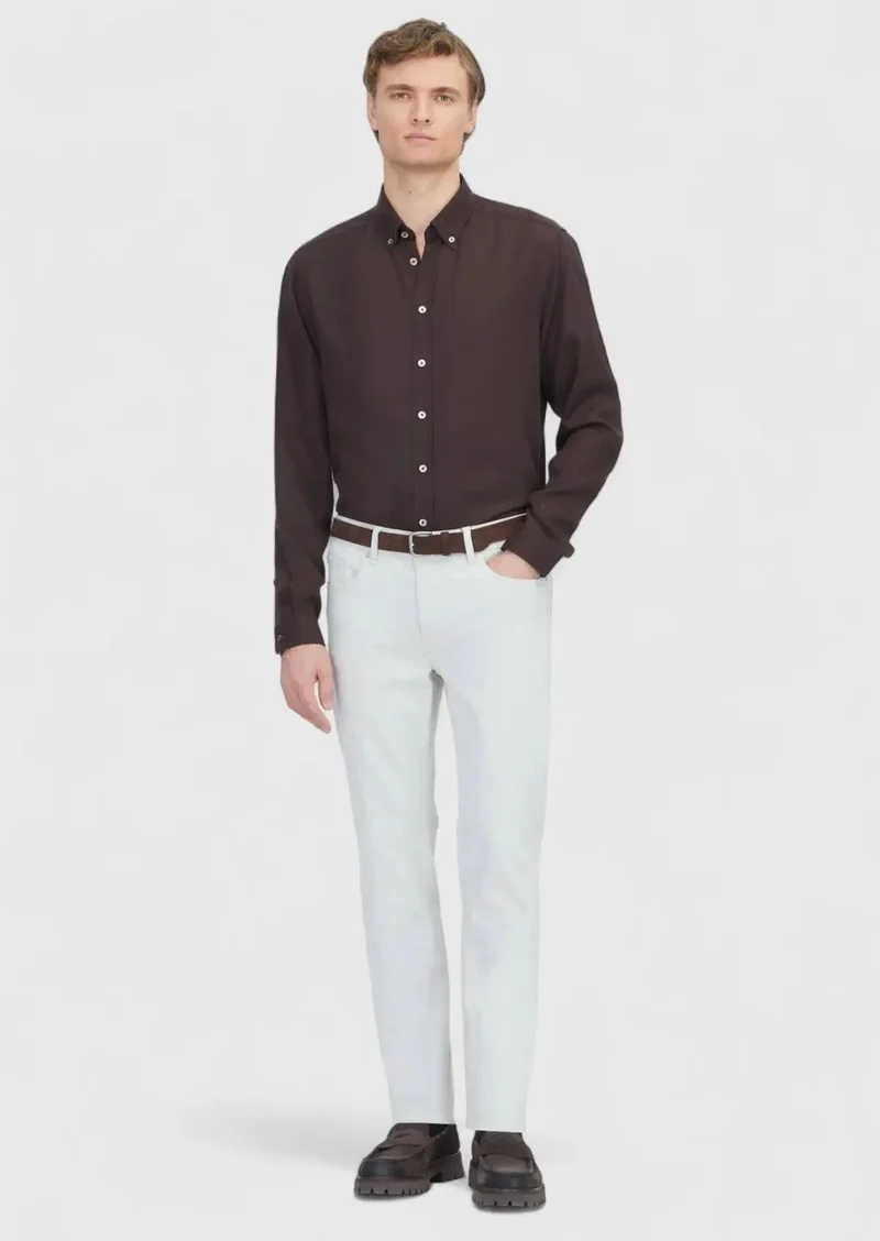 RAMSEY Ecru Slim Fit Denim Cotton Blended Trousers