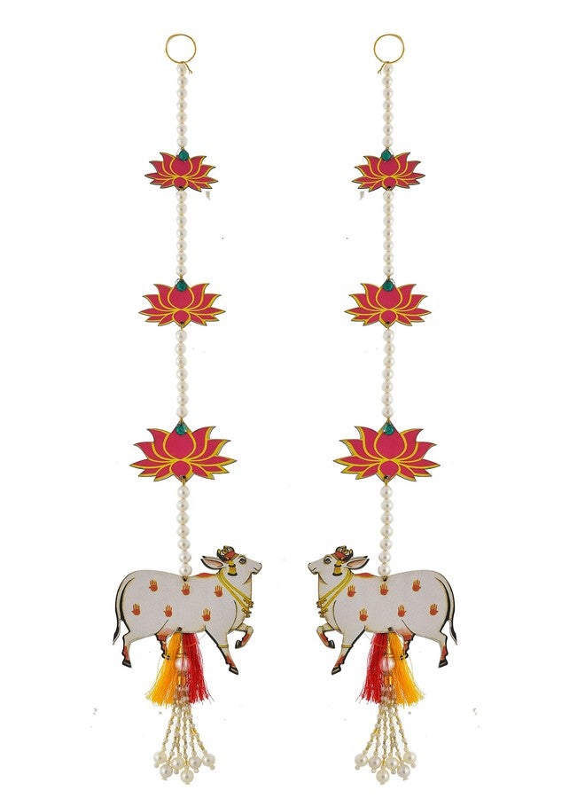BENAVJI Handmade Lotus with Cow & Jhumki Ganpati Diwali Home Decoration MDF Floral Wall Hangings Temple |1 Pair | 25 Inch Each Pack of 2 - Image 1