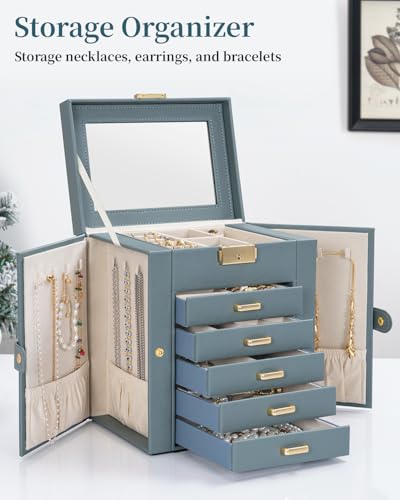TORIBIO Large Jewelry Box for Women, Leather Jewelry Organizer with Mirror & Lock, 6-Tier Jewelry Storage Case for Girls/Women/Mothers, Necklace Earring Bracelets Holder Organizer, Grey Blue - Image 3