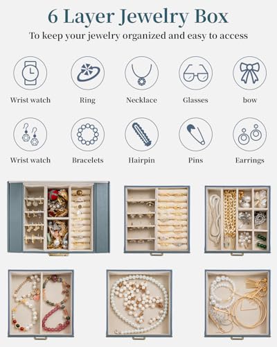 TORIBIO Large Jewelry Box for Women, Leather Jewelry Organizer with Mirror & Lock, 6-Tier Jewelry Storage Case for Girls/Women/Mothers, Necklace Earring Bracelets Holder Organizer, Grey Blue - Image 4