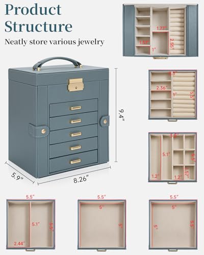 TORIBIO Large Jewelry Box for Women, Leather Jewelry Organizer with Mirror & Lock, 6-Tier Jewelry Storage Case for Girls/Women/Mothers, Necklace Earring Bracelets Holder Organizer, Grey Blue - Image 2